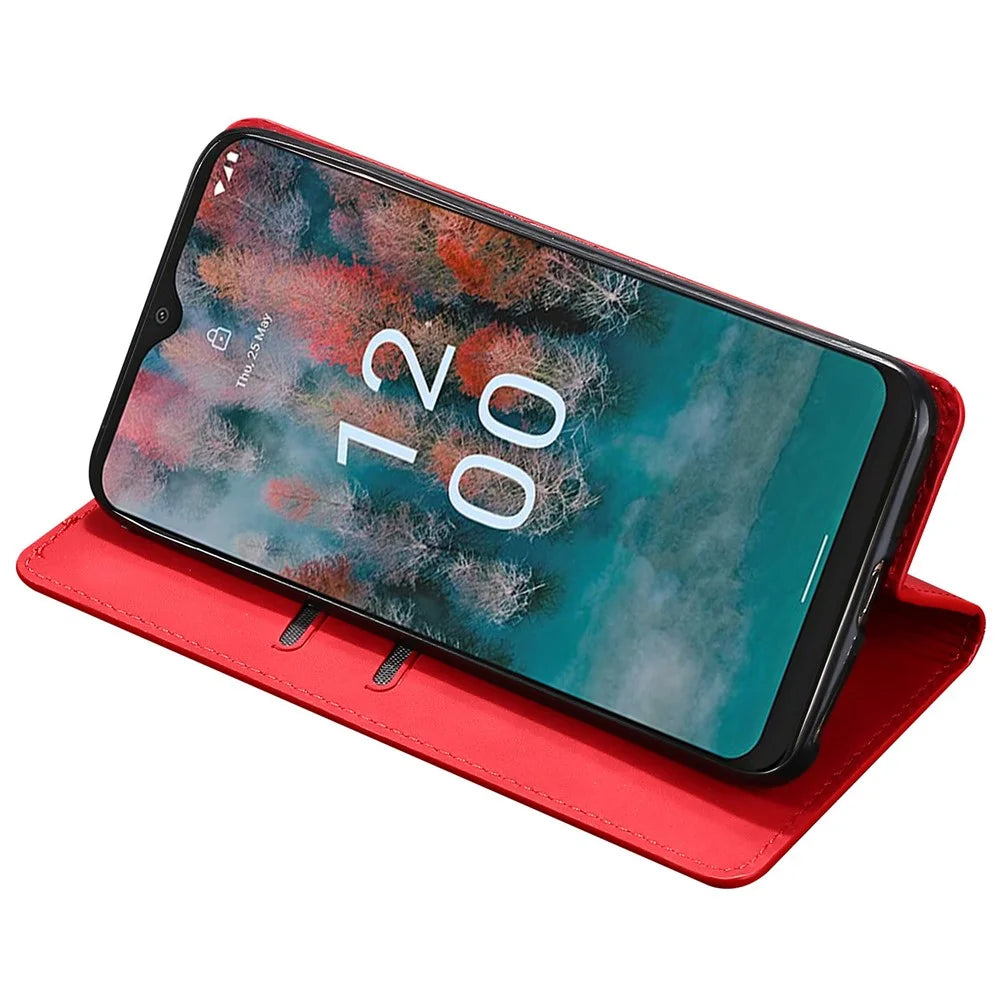 Phone Stand Case for Nokia C32 Skin-touch PU Leather Card Holder Shockproof Flip Cover - Red - 3