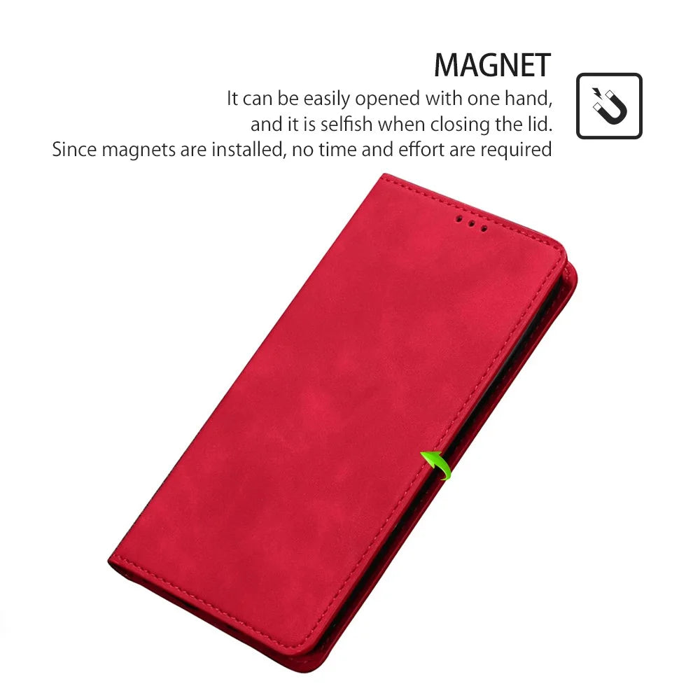 Phone Stand Case for Nokia C32 Skin-touch PU Leather Card Holder Shockproof Flip Cover - Red - 4