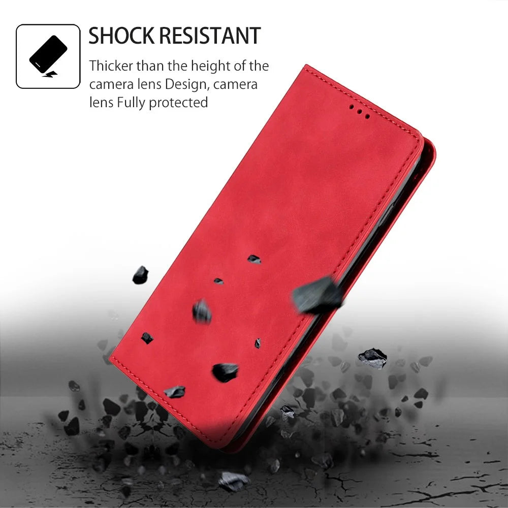 Phone Stand Case for Nokia C32 Skin-touch PU Leather Card Holder Shockproof Flip Cover - Red - 5