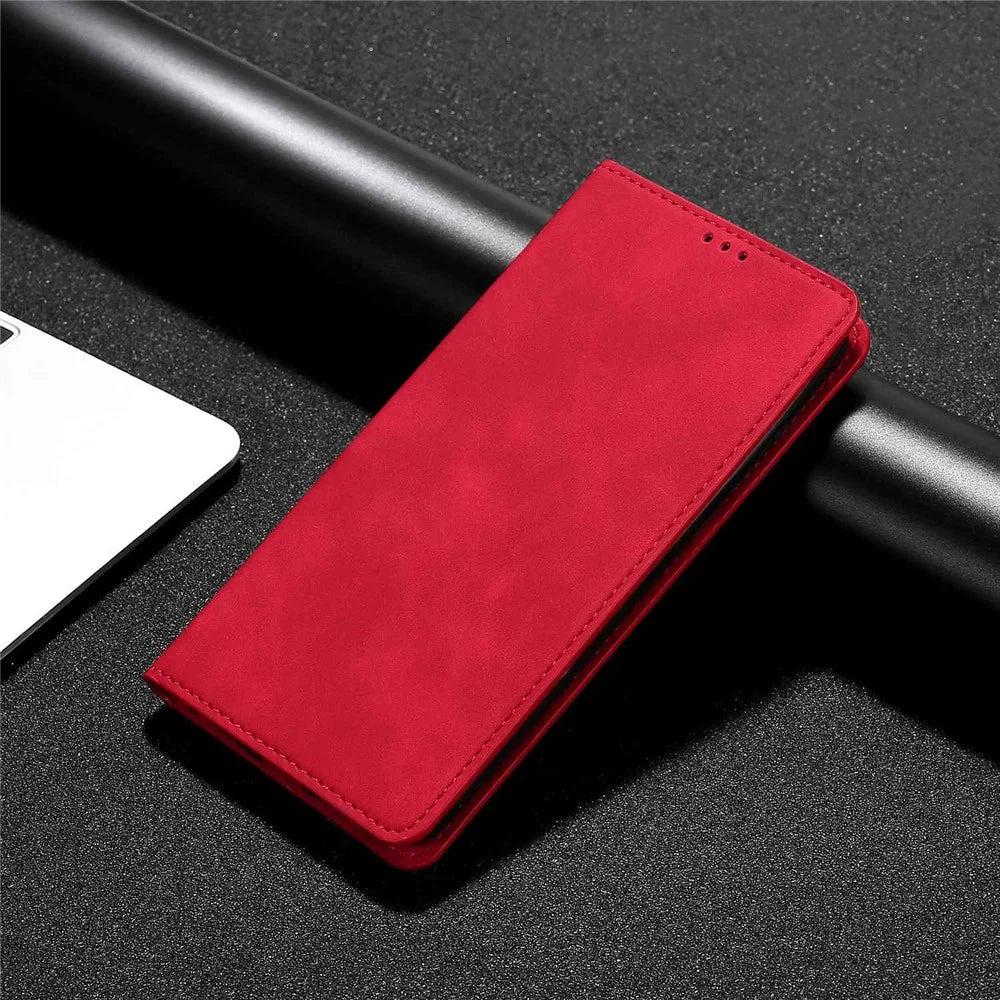 Phone Stand Case for Nokia C32 Skin-touch PU Leather Card Holder Shockproof Flip Cover - Red - 7