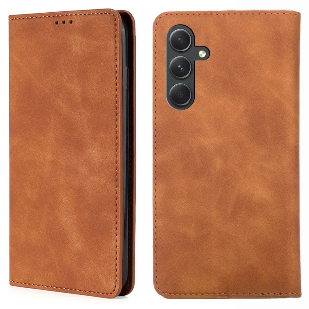 Flip Phone Case for Samsung Galaxy A54 5G Skin-touch PU Leather Stand Cover with Card Slots - Light Brown - 1