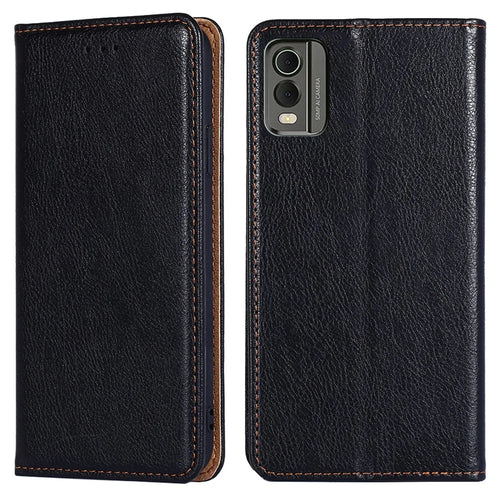 For Nokia C32 Solid Color Scratch Resistant Leather Wallet Phone Case Magnetic Closing Stand Cover - Black - 1
