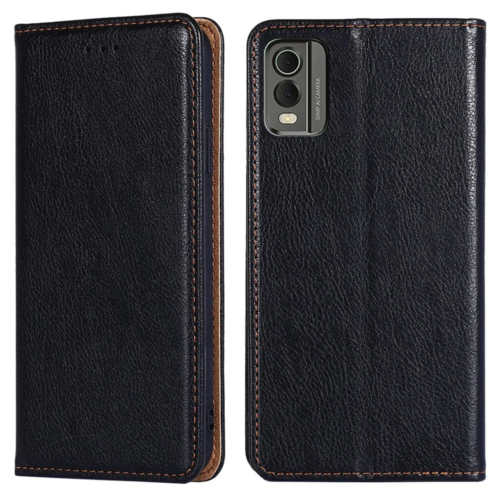 For Nokia C32 Solid Color Scratch Resistant Leather Wallet Phone Case Magnetic Closing Stand Cover - Black - 1