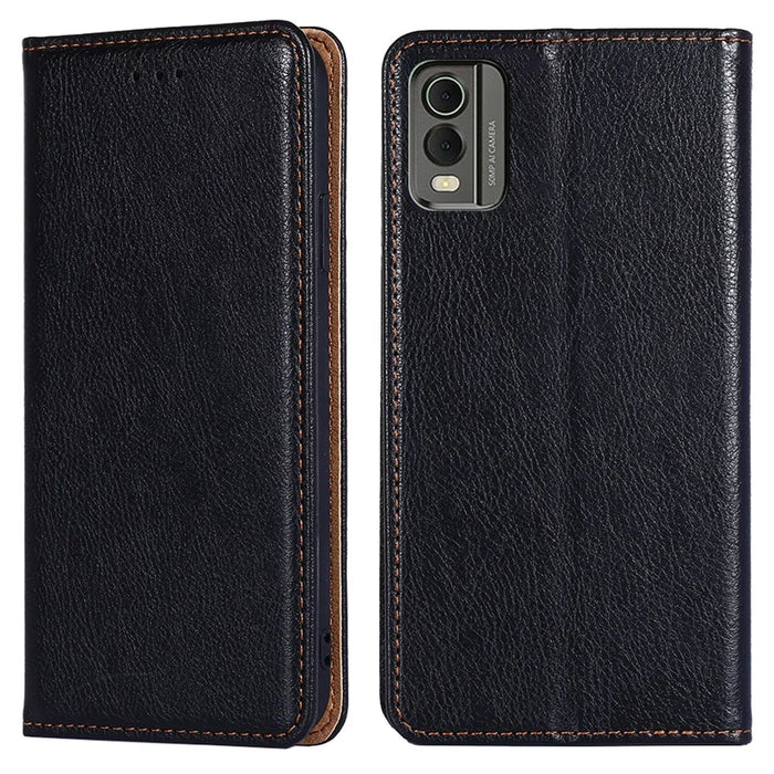 For Nokia C32 Solid Color Scratch Resistant Leather Wallet Phone Case Magnetic Closing Stand Cover - Black - 1