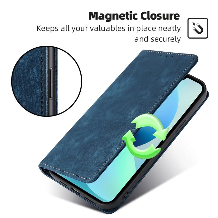 Anti-scratch Phone Cover for Nokia C32 RFID Blocking Textured Wallet Magnetic Leather Flip Stand Case - Blue - 4