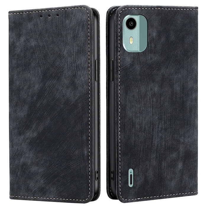 For Nokia C12 4G / C12 Plus / C12 Pro PU Leather Mobile Phone Case Textured Anti-Drop Stand Wallet RFID Blocking Phone Cover - Black - 1