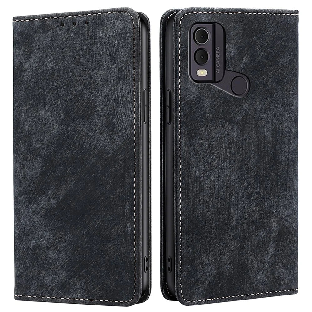 Textured Phone Cover for Nokia C22 RFID Blocking Shockproof Wallet Magnetic Leather Flip Stand Case - Black - 1