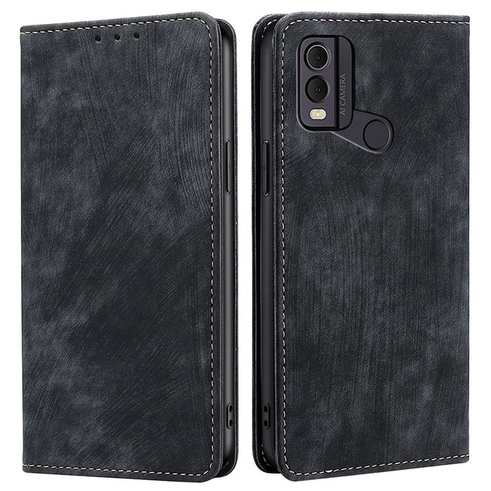 Textured Phone Cover for Nokia C22 RFID Blocking Shockproof Wallet Magnetic Leather Flip Stand Case - Black - 1