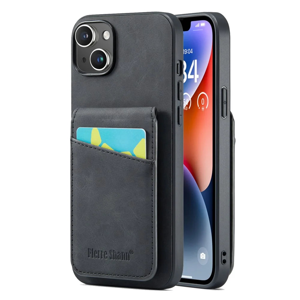 FIERRE SHANN Card Slots Phone Cover for iPhone 14 Kickstand RFID Blocking PU Leather+TPU Phone Case - Black - 1