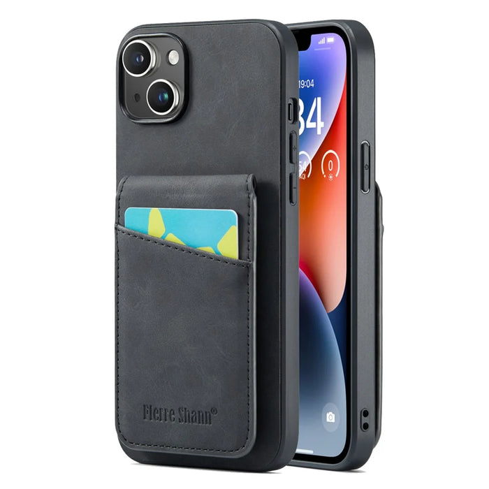 FIERRE SHANN Card Slots Phone Cover for iPhone 14 Kickstand RFID Blocking PU Leather+TPU Phone Case - Black - 1