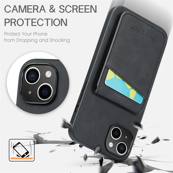 FIERRE SHANN Card Slots Phone Cover for iPhone 14 Kickstand RFID Blocking PU Leather+TPU Phone Case - Black - 4