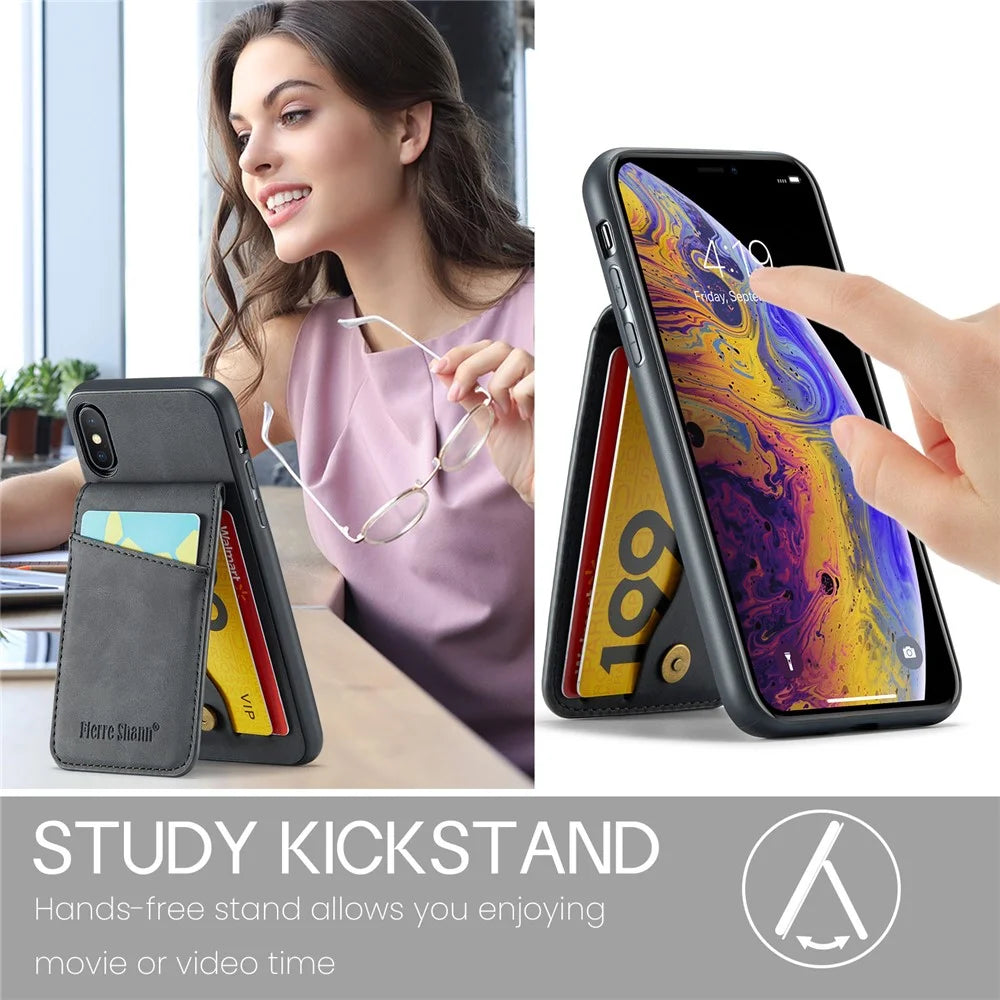 FIERRE SHANN Kickstand Phone Case for iPhone XS Max 6.5 inch PU Leather + TPU Cover with Card Holder - Black - 6