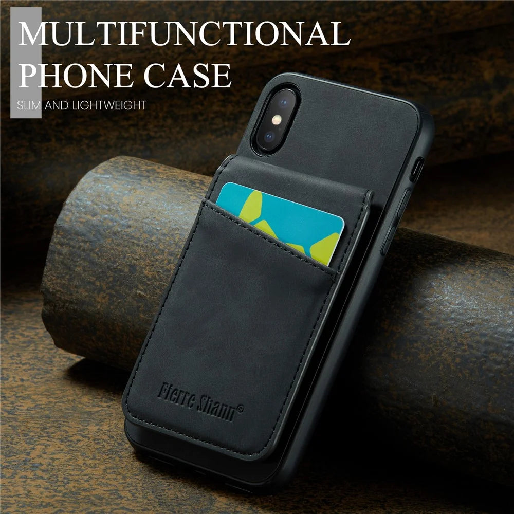 FIERRE SHANN Kickstand Phone Case for iPhone XS Max 6.5 inch PU Leather + TPU Cover with Card Holder - Black - 7