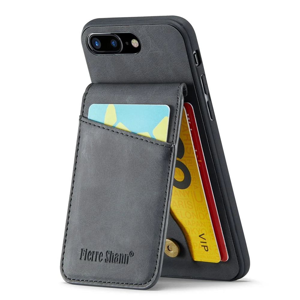 FIERRE SHANN For iPhone 7 Plus 5.5 inch / 8 Plus 5.5 inch Phone Case Kickstand PU Leather TPU Cover with Card Holder - Black - 2