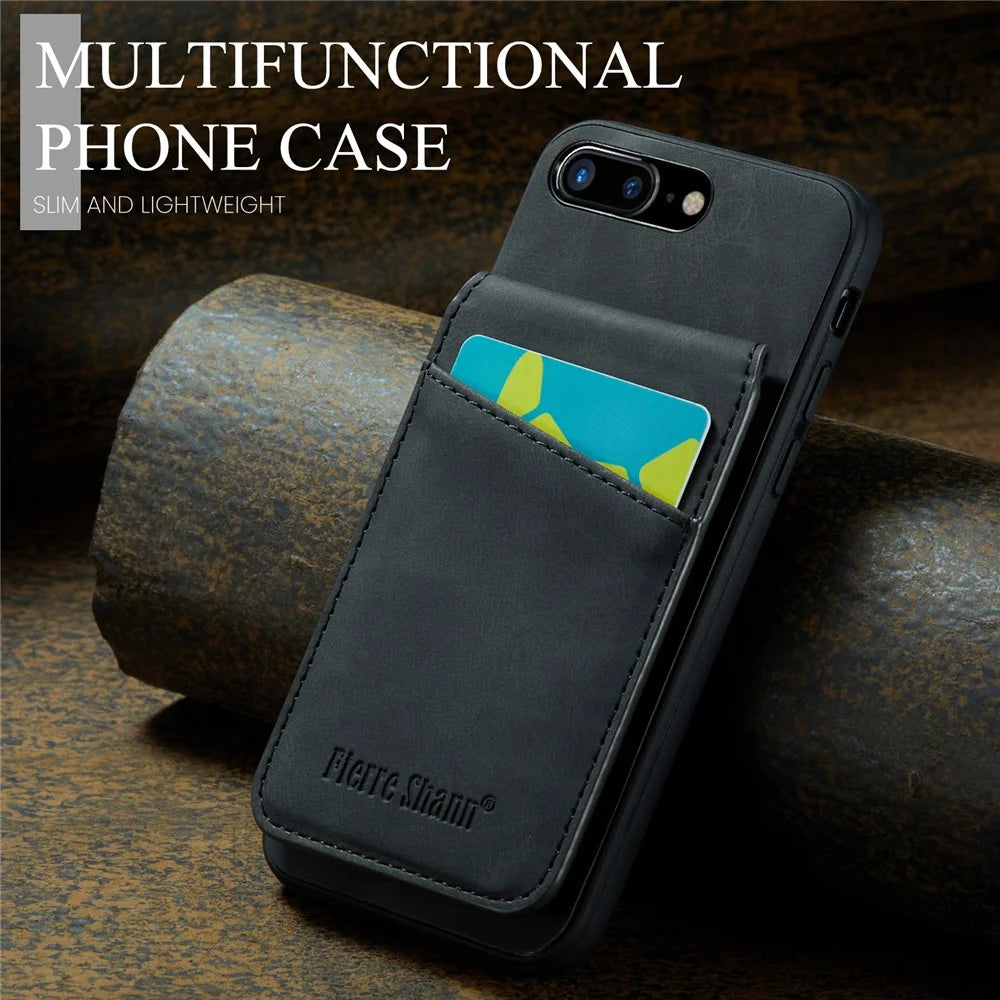 FIERRE SHANN For iPhone 7 Plus 5.5 inch / 8 Plus 5.5 inch Phone Case Kickstand PU Leather TPU Cover with Card Holder - Black - 7