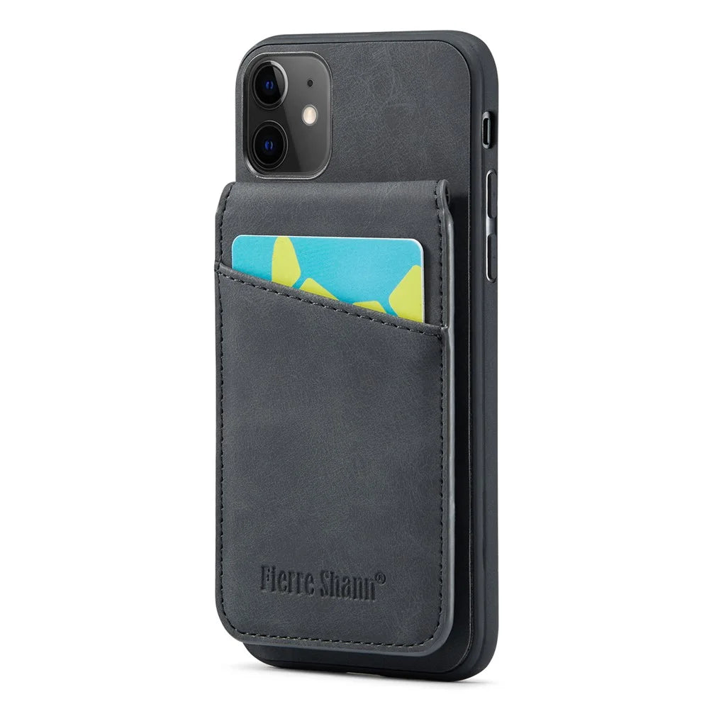 FIERRE SHANN Kickstand Phone Cover for iPhone 11 Crazy Horse Texture PU Leather+TPU Card Slot Case - Black - 1