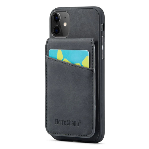 FIERRE SHANN Kickstand Phone Cover for iPhone 11 Crazy Horse Texture PU Leather+TPU Card Slot Case - Black - 1