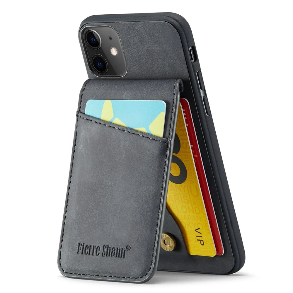 FIERRE SHANN Kickstand Phone Cover for iPhone 11 Crazy Horse Texture PU Leather+TPU Card Slot Case - Black - 2