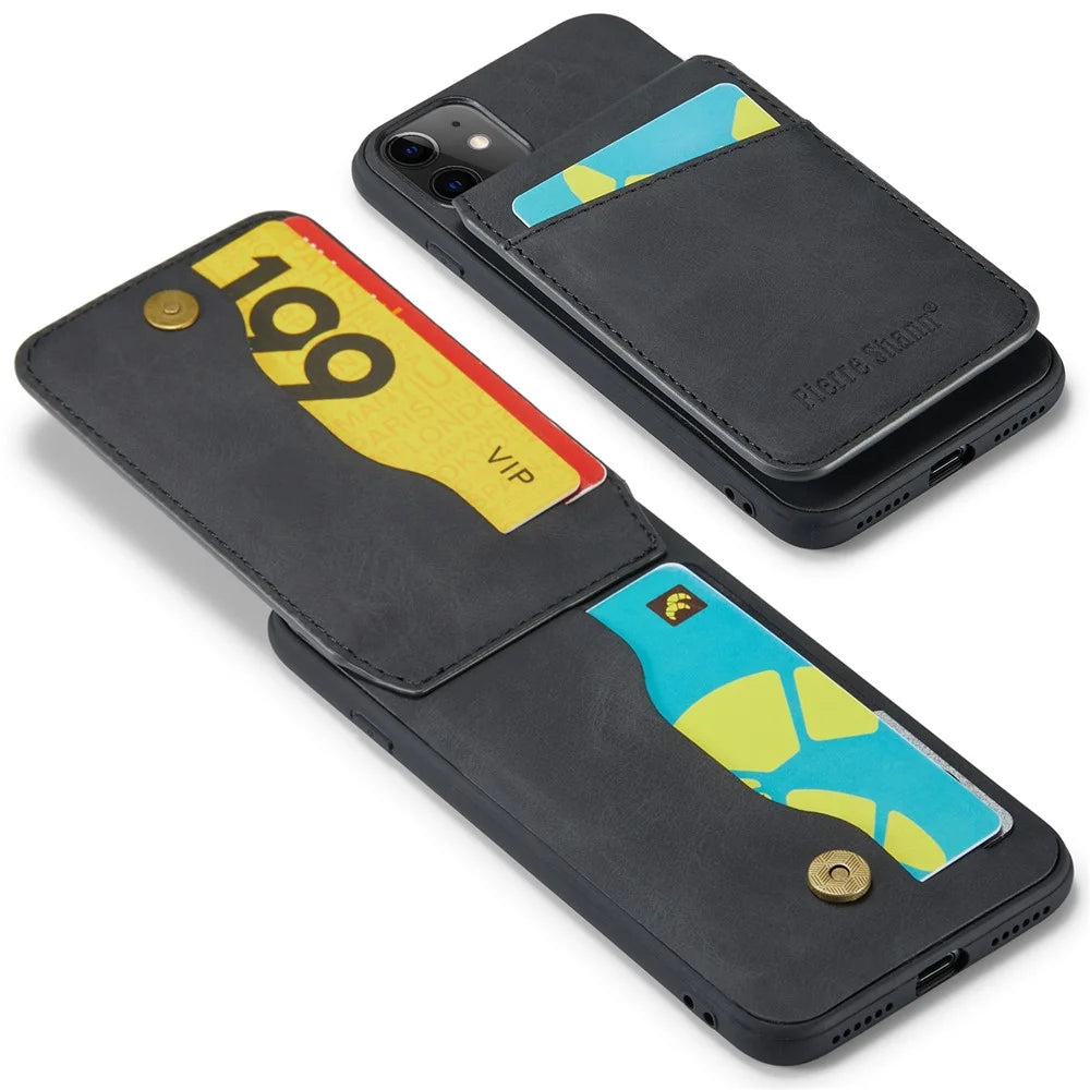FIERRE SHANN Kickstand Phone Cover for iPhone 11 Crazy Horse Texture PU Leather+TPU Card Slot Case - Black - 3