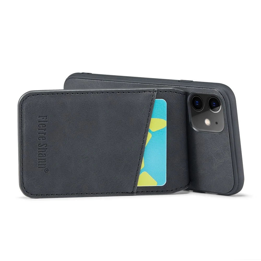 FIERRE SHANN Kickstand Phone Cover for iPhone 11 Crazy Horse Texture PU Leather+TPU Card Slot Case - Black - 4