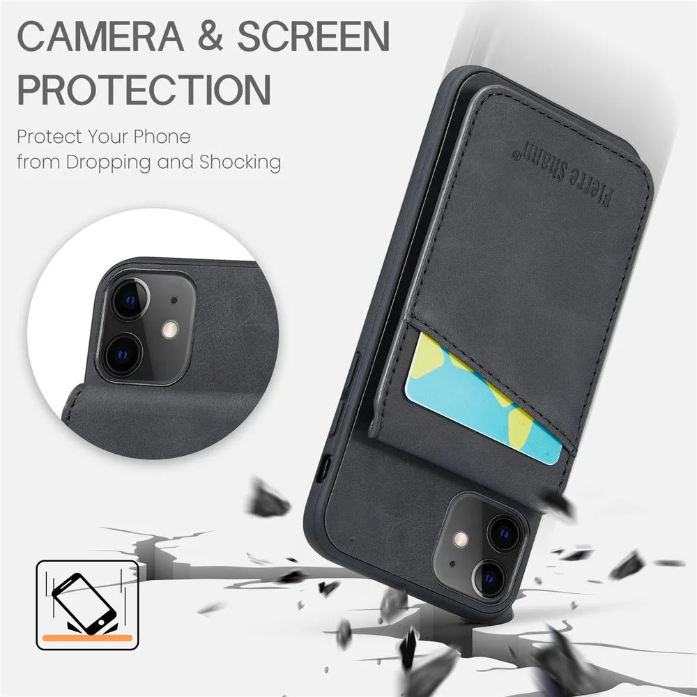 FIERRE SHANN Kickstand Phone Cover for iPhone 11 Crazy Horse Texture PU Leather+TPU Card Slot Case - Black - 5