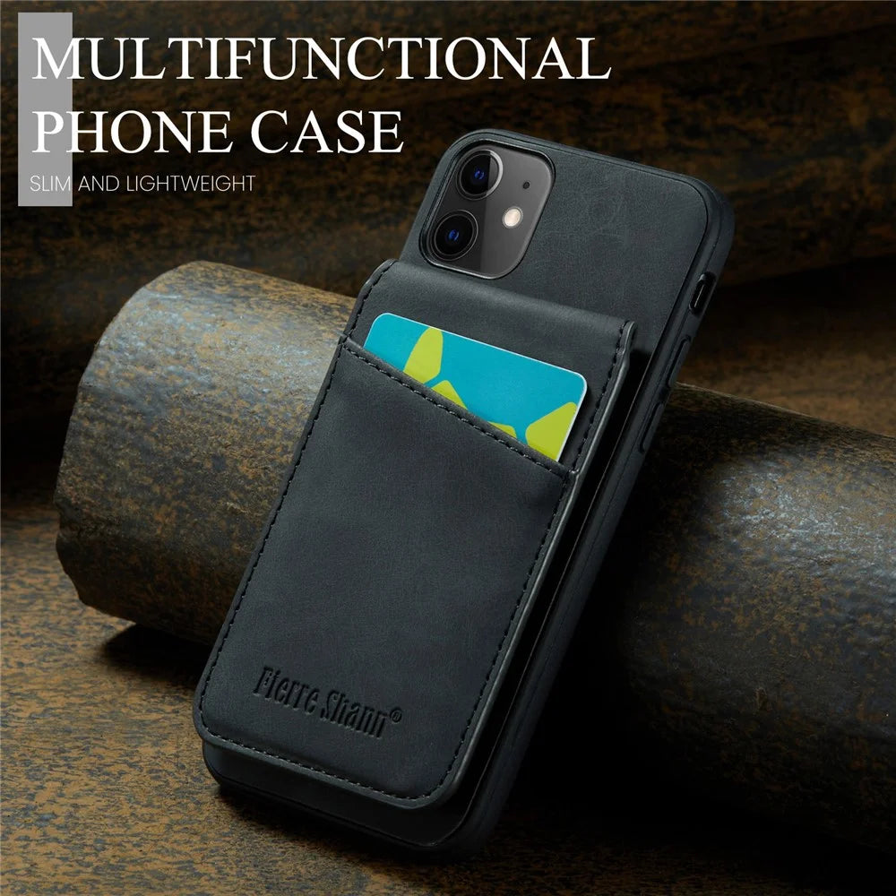 FIERRE SHANN Kickstand Phone Cover for iPhone 11 Crazy Horse Texture PU Leather+TPU Card Slot Case - Black - 7