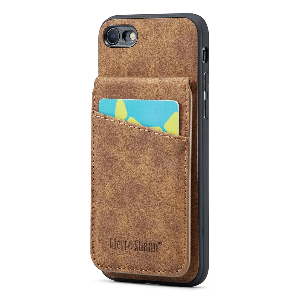 FIERRE SHANN For iPhone 7 / 8 / SE (2020) / SE (2022) Card Holder Phone Case Kickstand PU Leather+TPU Cover - Brown - 1