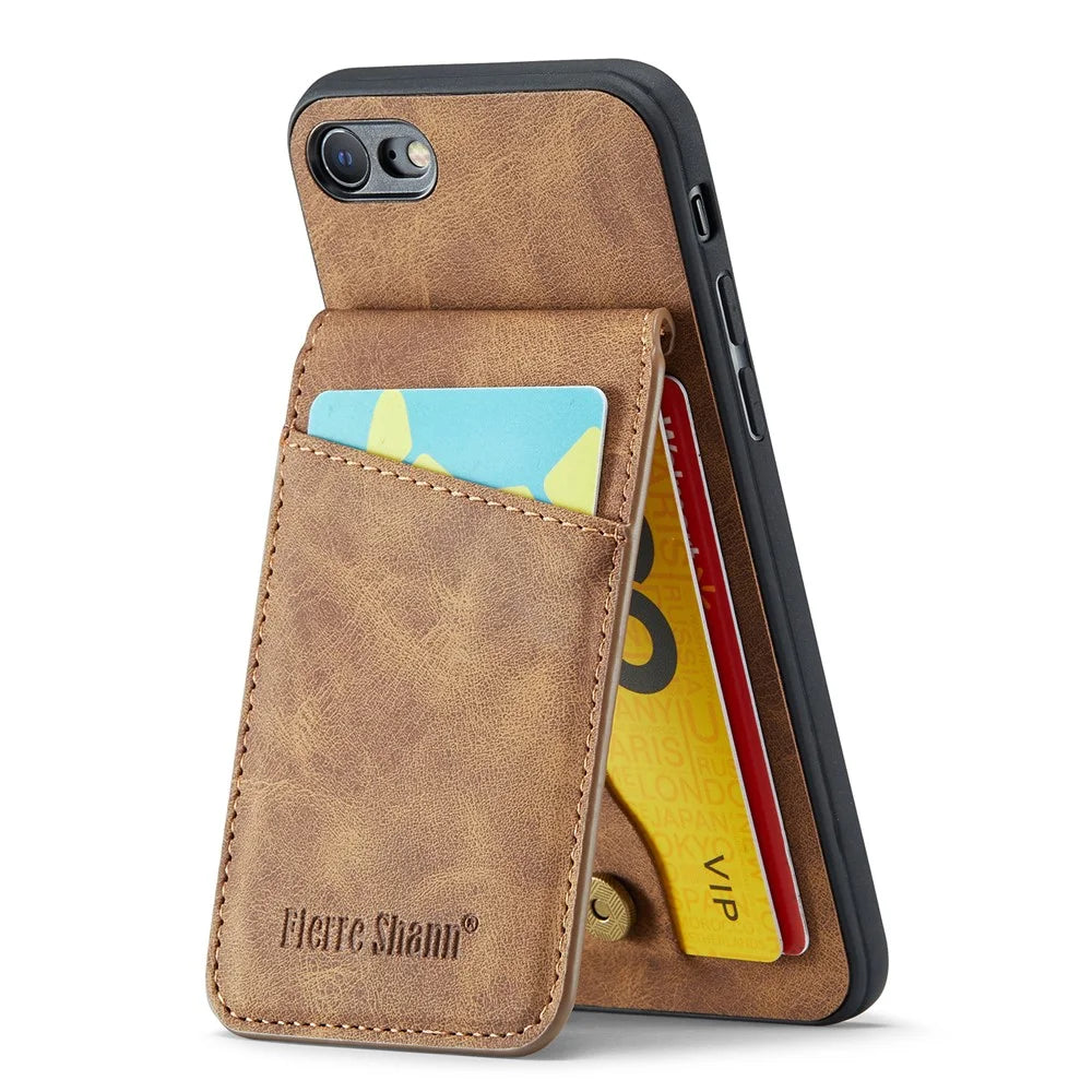FIERRE SHANN For iPhone 7 / 8 / SE (2020) / SE (2022) Card Holder Phone Case Kickstand PU Leather+TPU Cover - Brown - 2