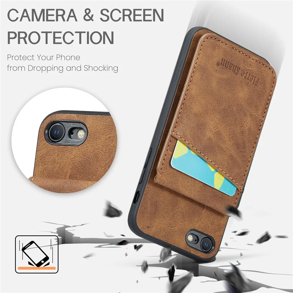 FIERRE SHANN For iPhone 7 / 8 / SE (2020) / SE (2022) Card Holder Phone Case Kickstand PU Leather+TPU Cover - Brown - 5