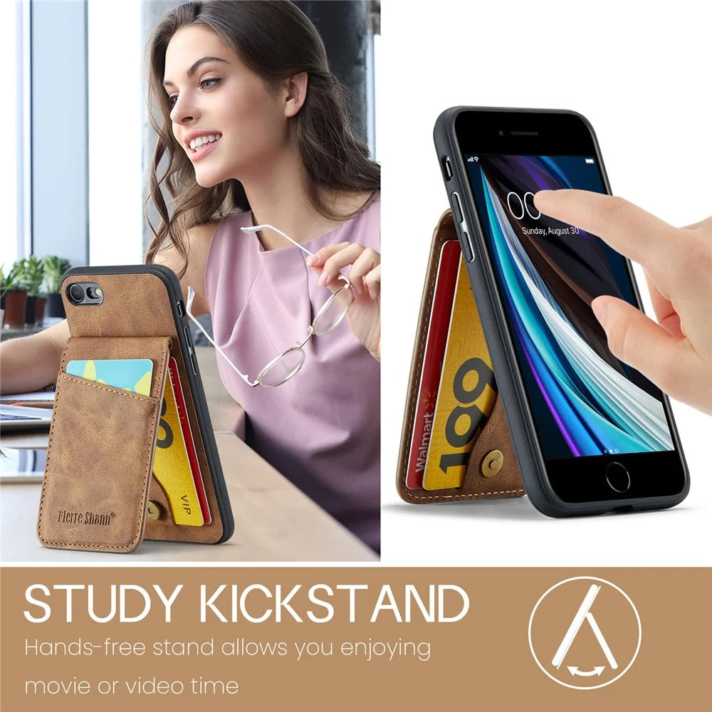 FIERRE SHANN For iPhone 7 / 8 / SE (2020) / SE (2022) Card Holder Phone Case Kickstand PU Leather+TPU Cover - Brown - 6