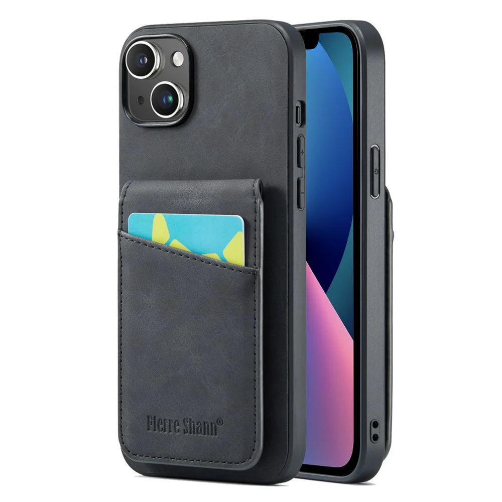FIERRE SHANN Card Holder Phone Case for iPhone 13 RFID Blocking PU Leather+TPU Kickstand Cover - Black - 1