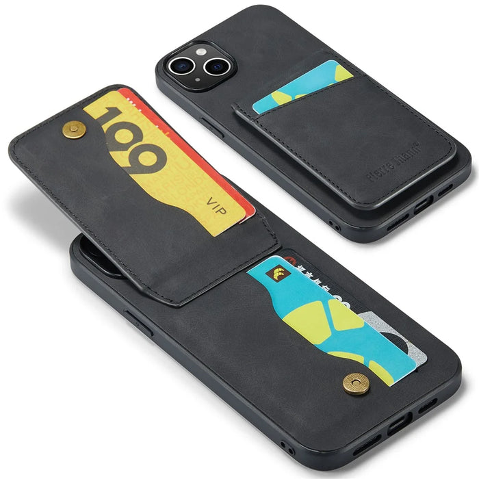FIERRE SHANN Card Holder Phone Case for iPhone 13 RFID Blocking PU Leather+TPU Kickstand Cover - Black - 3