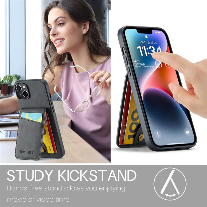 FIERRE SHANN Card Holder Phone Case for iPhone 13 RFID Blocking PU Leather+TPU Kickstand Cover - Black - 5