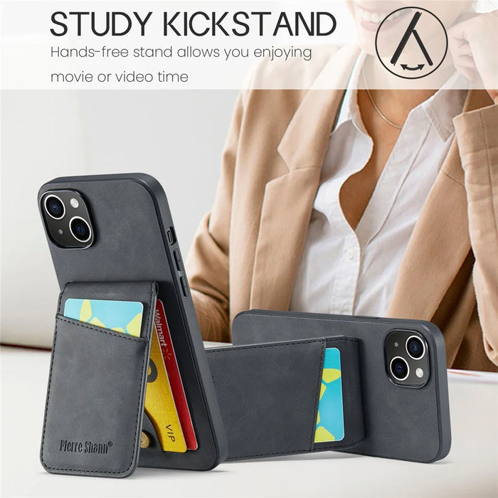 FIERRE SHANN Card Holder Phone Case for iPhone 13 RFID Blocking PU Leather+TPU Kickstand Cover - Black - 6