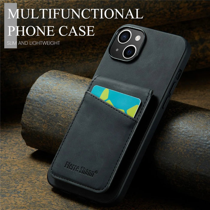 FIERRE SHANN Card Holder Phone Case for iPhone 13 RFID Blocking PU Leather+TPU Kickstand Cover - Black - 7