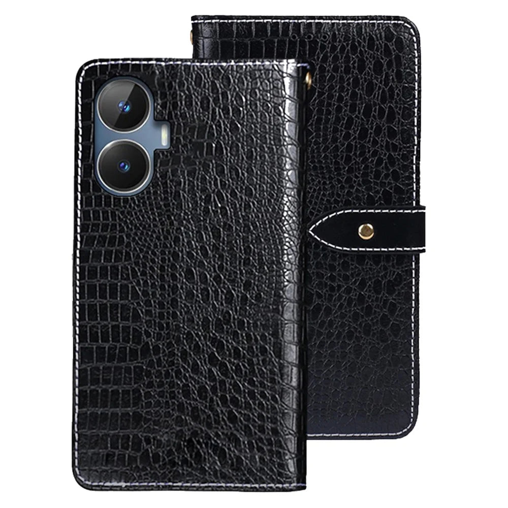 IDEWEI For Realme Narzo N55 4G PU Leather Phone Case Crocodile Texture Wallet Stand Cover - Black - 1