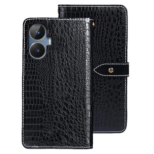 IDEWEI For Realme Narzo N55 4G PU Leather Phone Case Crocodile Texture Wallet Stand Cover - Black - 1
