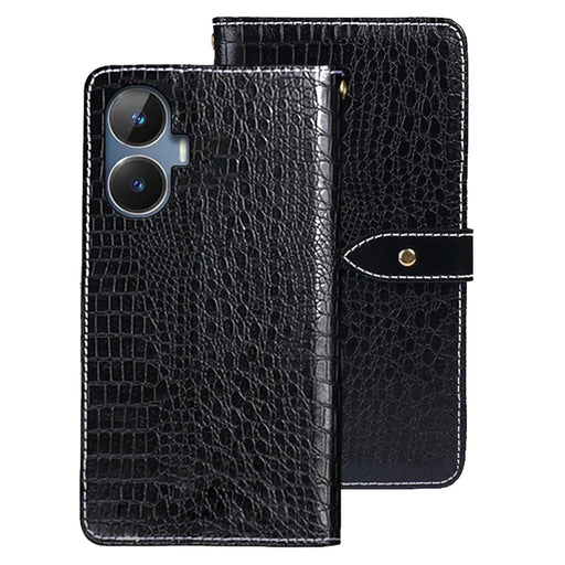 IDEWEI For Realme Narzo N55 4G PU Leather Phone Case Crocodile Texture Wallet Stand Cover - Black - 1