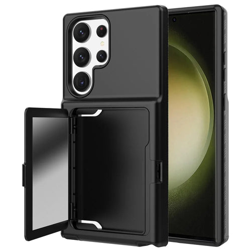 For Samsung Galaxy S23 Ultra Cardcase Series PC + TPU Phone Case Mirror Design Card Slots Kickstand Thickened Cover - Black - 1