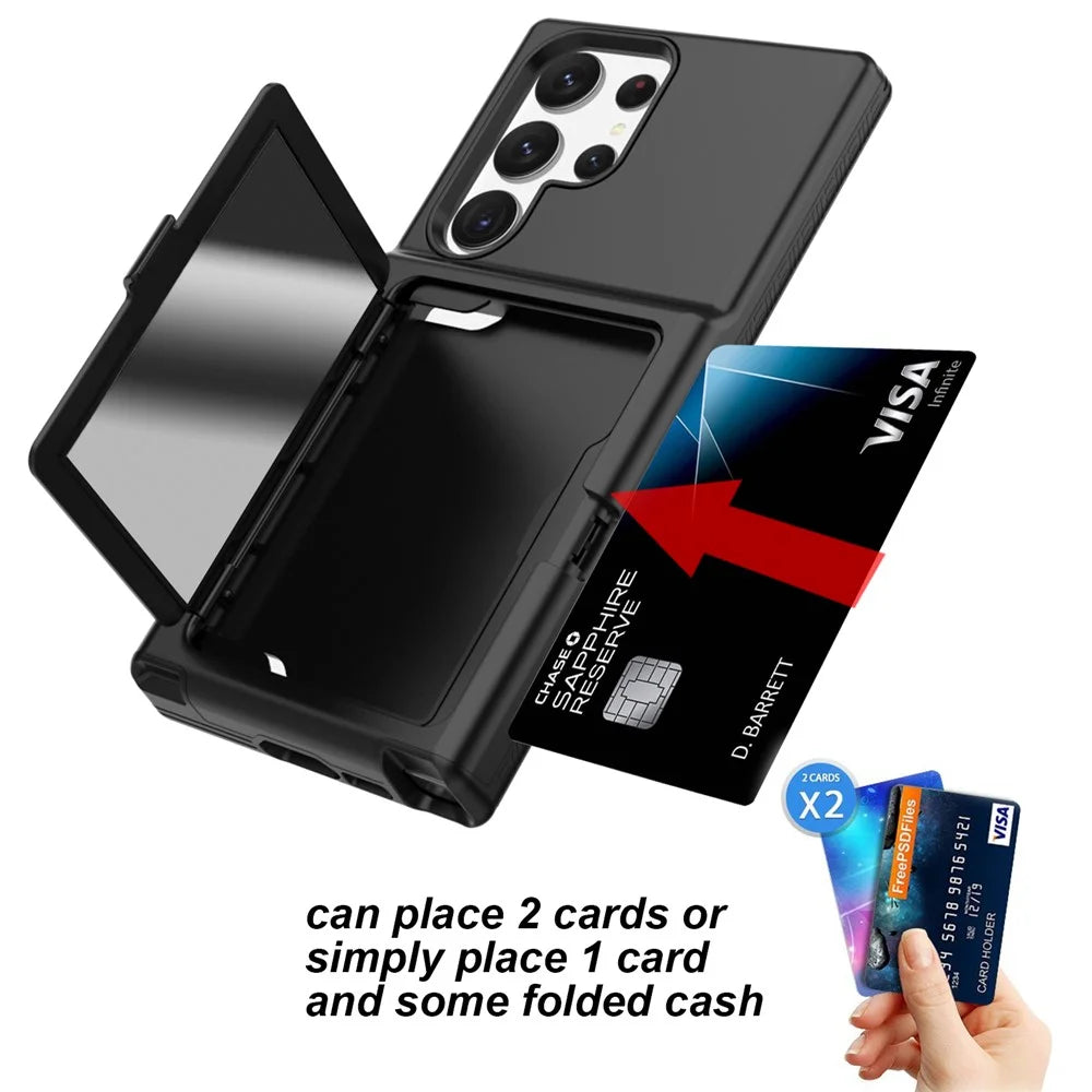For Samsung Galaxy S23 Ultra Cardcase Series PC + TPU Phone Case Mirror Design Card Slots Kickstand Thickened Cover - Black - 3