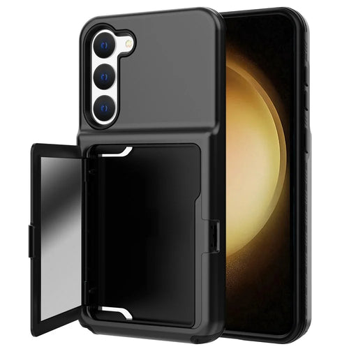 For Samsung Galaxy S23 Cardcase Series Card Holder Thick Phone Case Kickstand Mirror Function PC + TPU Cover - Black - 1