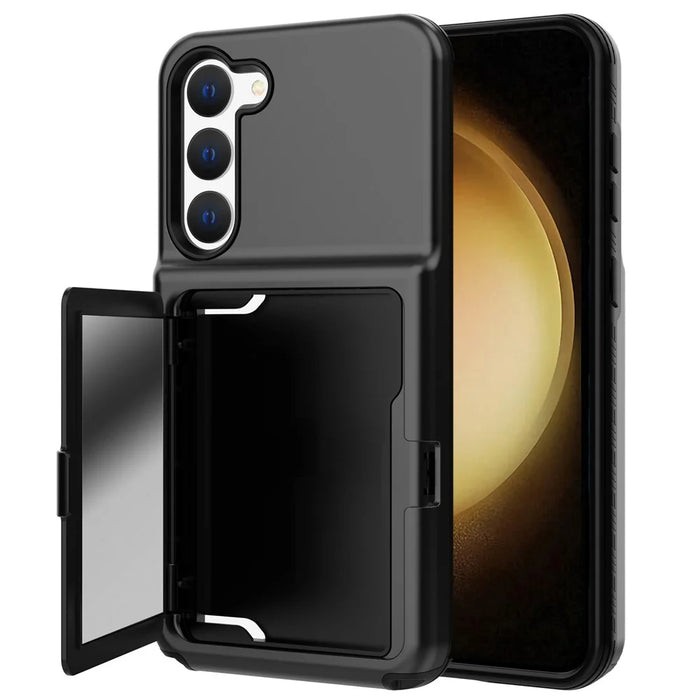 For Samsung Galaxy S23 Cardcase Series Card Holder Thick Phone Case Kickstand Mirror Function PC + TPU Cover - Black - 1