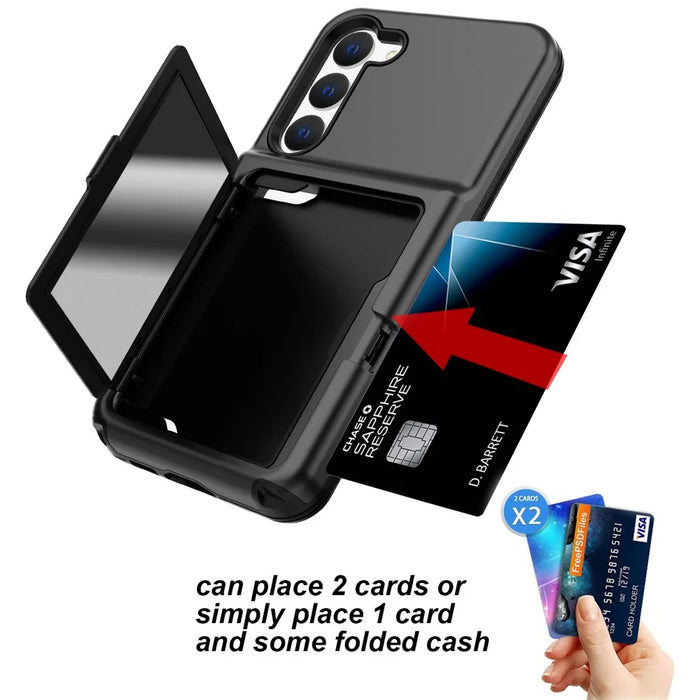 For Samsung Galaxy S23 Cardcase Series Card Holder Thick Phone Case Kickstand Mirror Function PC + TPU Cover - Black - 3