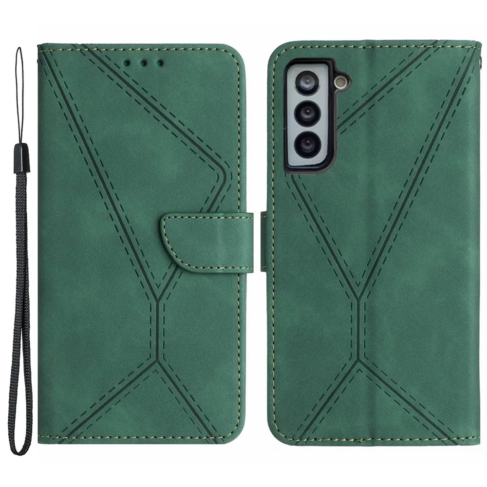 HT05 For Samsung Galaxy S22 5G PU Leather Imprinted Line Phone Case Wallet Stand Skin-touch Protective Cover - Green - 1