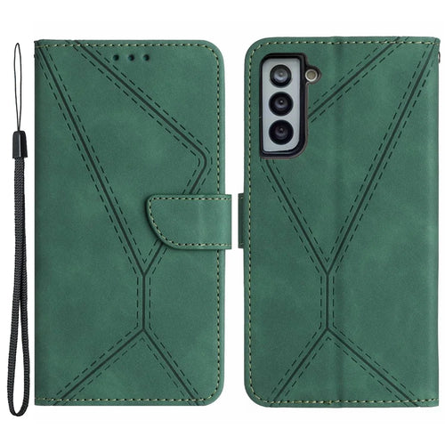 HT05 For Samsung Galaxy S22 5G PU Leather Imprinted Line Phone Case Wallet Stand Skin-touch Protective Cover - Green - 1