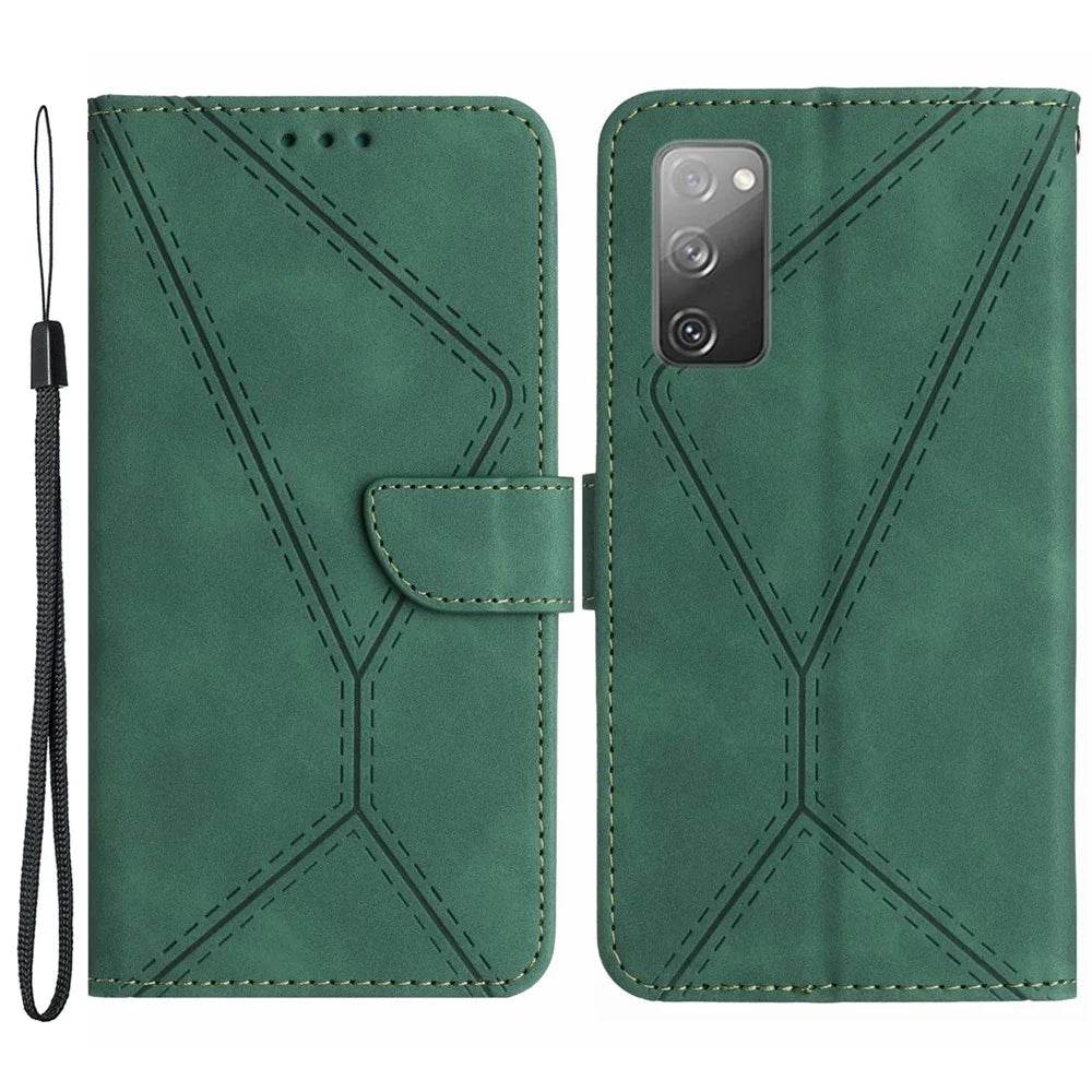HT05 Flip Wallet Phone Case for Samsung Galaxy S20 FE / S20 FE 5G / S20 FE 2022 / S20 Lite , PU Leather Skin-touch Imprinted Line Stand Cover - Green - 1