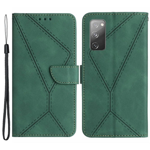HT05 Flip Wallet Phone Case for Samsung Galaxy S20 FE / S20 FE 5G / S20 FE 2022 / S20 Lite , PU Leather Skin-touch Imprinted Line Stand Cover - Green - 1