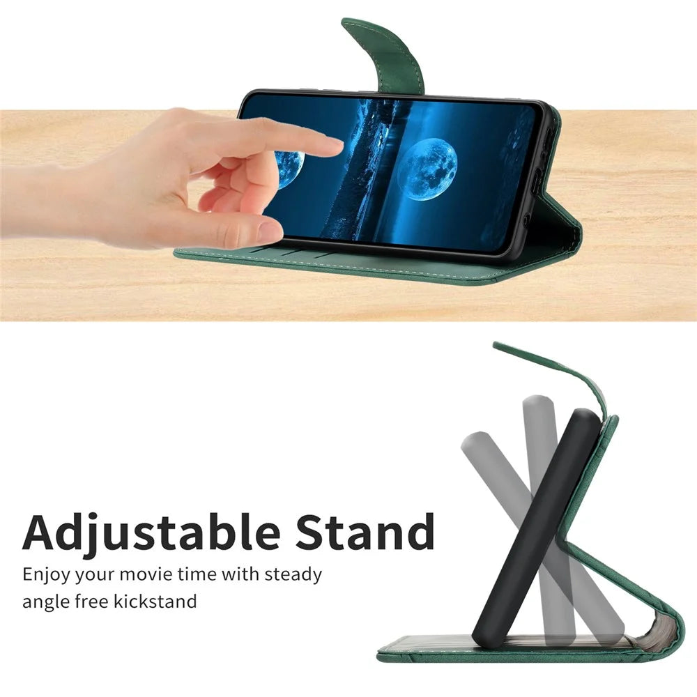 HT05 Flip Wallet Phone Case for Samsung Galaxy S20 FE / S20 FE 5G / S20 FE 2022 / S20 Lite , PU Leather Skin-touch Imprinted Line Stand Cover - Green - 5