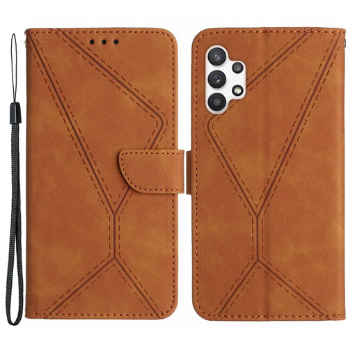 HT05 PU Leather Case for Samsung Galaxy A32 4G (EU Version) Imprinted Line Wallet Stand Skin-touch Cover - Brown - 1