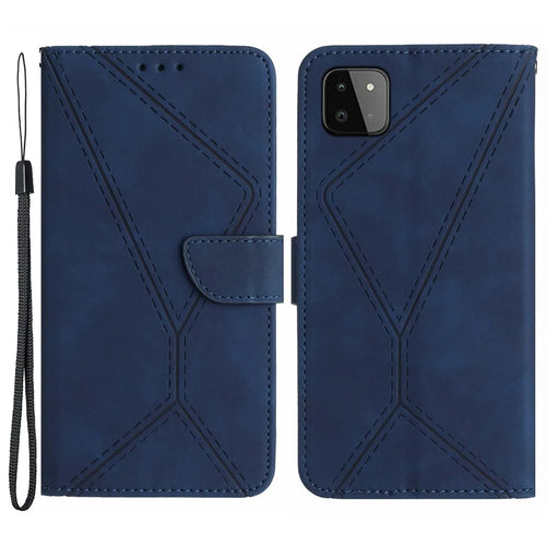 HT05 Skin-touch Phone Case for Samsung Galaxy A22 5G (EU Version) Imprinted Line Wallet Stand Leather Cover - Blue - 1